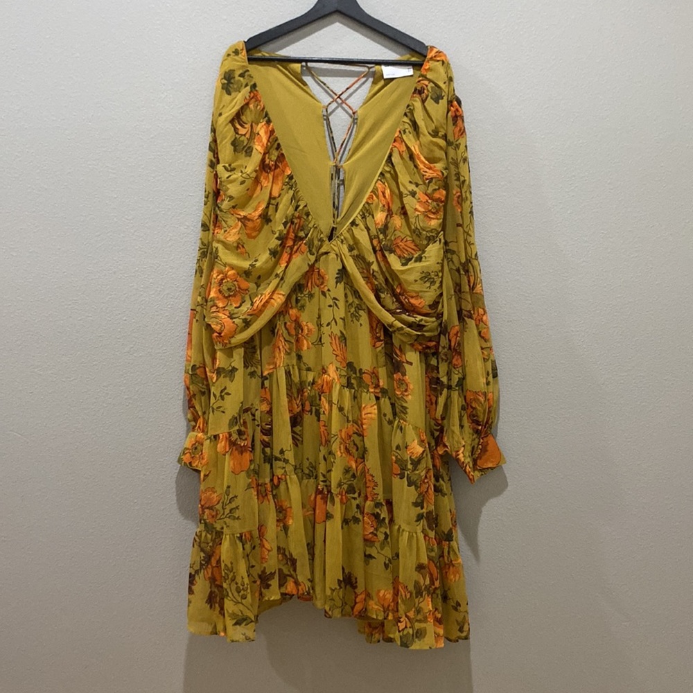 ASOS Curve Mustard Yellow Floral Long Sleeve Lace Up Back Dress Size 26